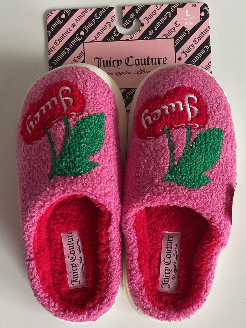 Juicy Couture Pink Plush Cherry Slide Slippers NWT
